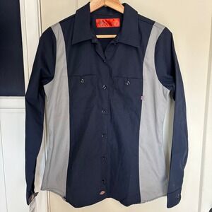 Dickies Women's Industrial Long Sleeve Work Shirt color block blue & gray S NWT